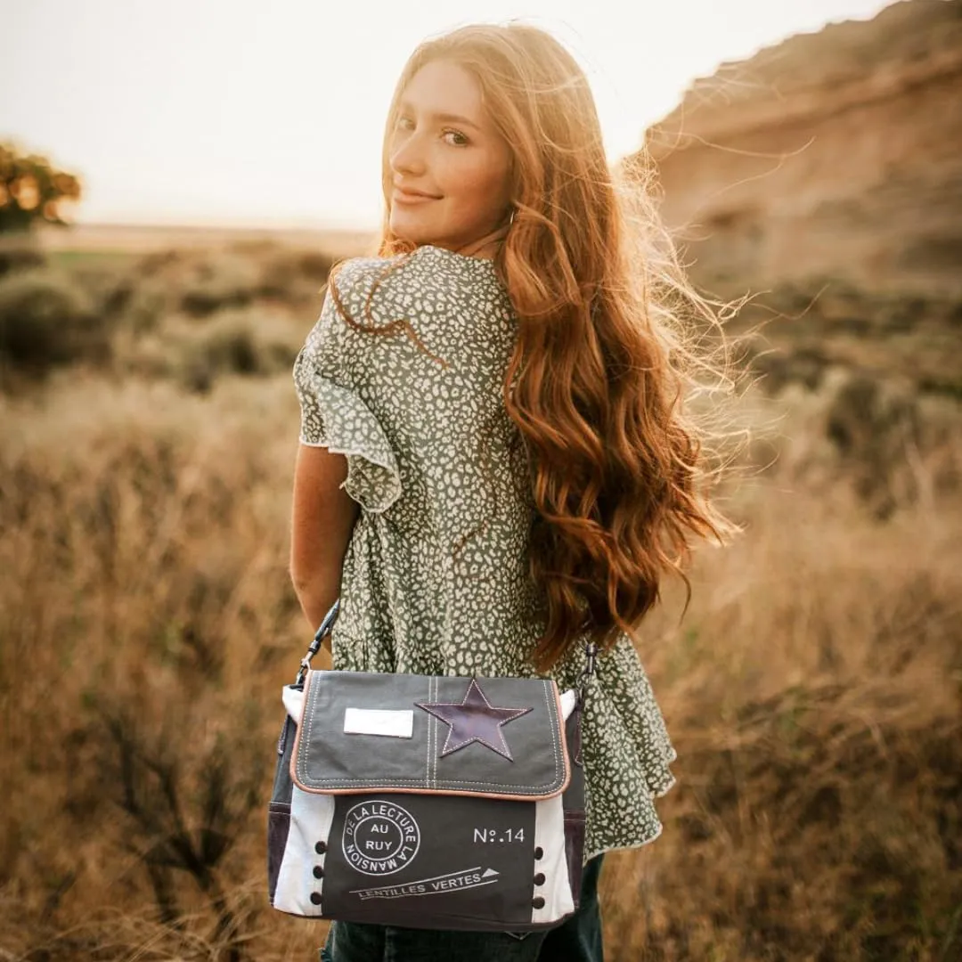 Woman Leather Star Shoulder Bag, Upcycled Canvas And Star Accent, Adjustable Leather Handle (12x9) Inch.