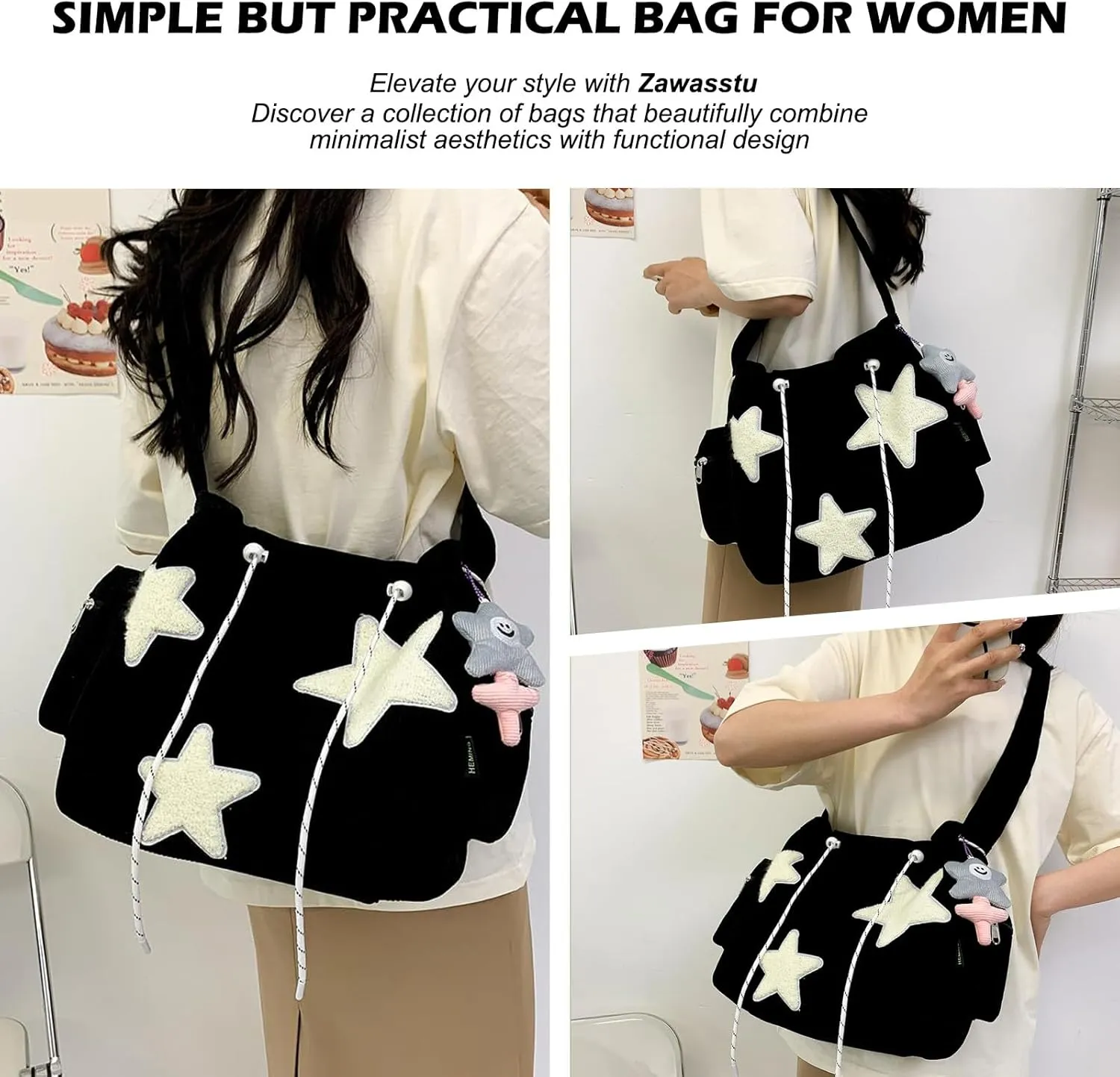 Women Corduroy Tote Bag, Large Shoulder Hobo Bags with Zipper Cute Messenger Bag Kawaii Handbags Y2K Travel Work Bag