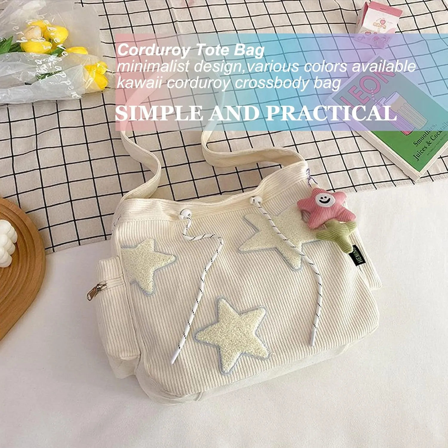 Women Corduroy Tote Bag, Large Shoulder Hobo Bags with Zipper Cute Messenger Bag Kawaii Handbags Y2K Travel Work Bag