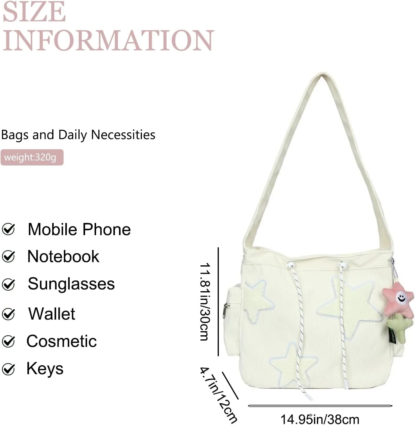 Women Corduroy Tote Bag, Large Shoulder Hobo Bags with Zipper Cute Messenger Bag Kawaii Handbags Y2K Travel Work Bag