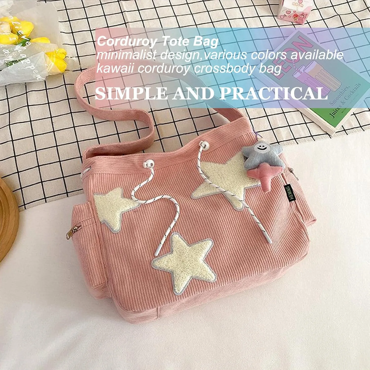 Women Corduroy Tote Bag, Large Shoulder Hobo Bags with Zipper Cute Messenger Bag Kawaii Handbags Y2K Travel Work Bag