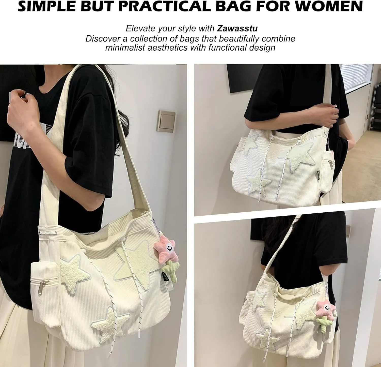 Women Corduroy Tote Bag, Large Shoulder Hobo Bags with Zipper Cute Messenger Bag Kawaii Handbags Y2K Travel Work Bag