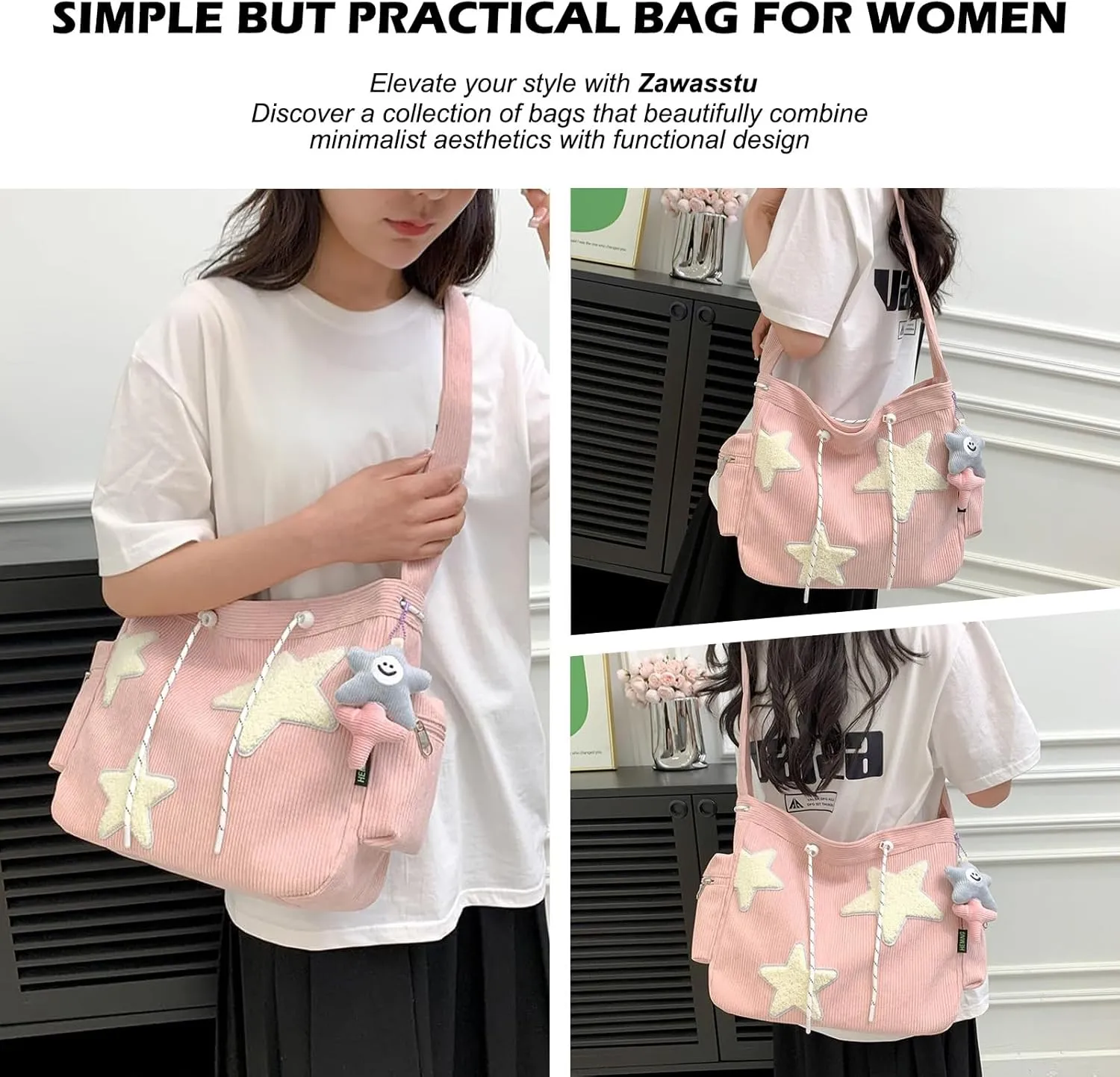 Women Corduroy Tote Bag, Large Shoulder Hobo Bags with Zipper Cute Messenger Bag Kawaii Handbags Y2K Travel Work Bag