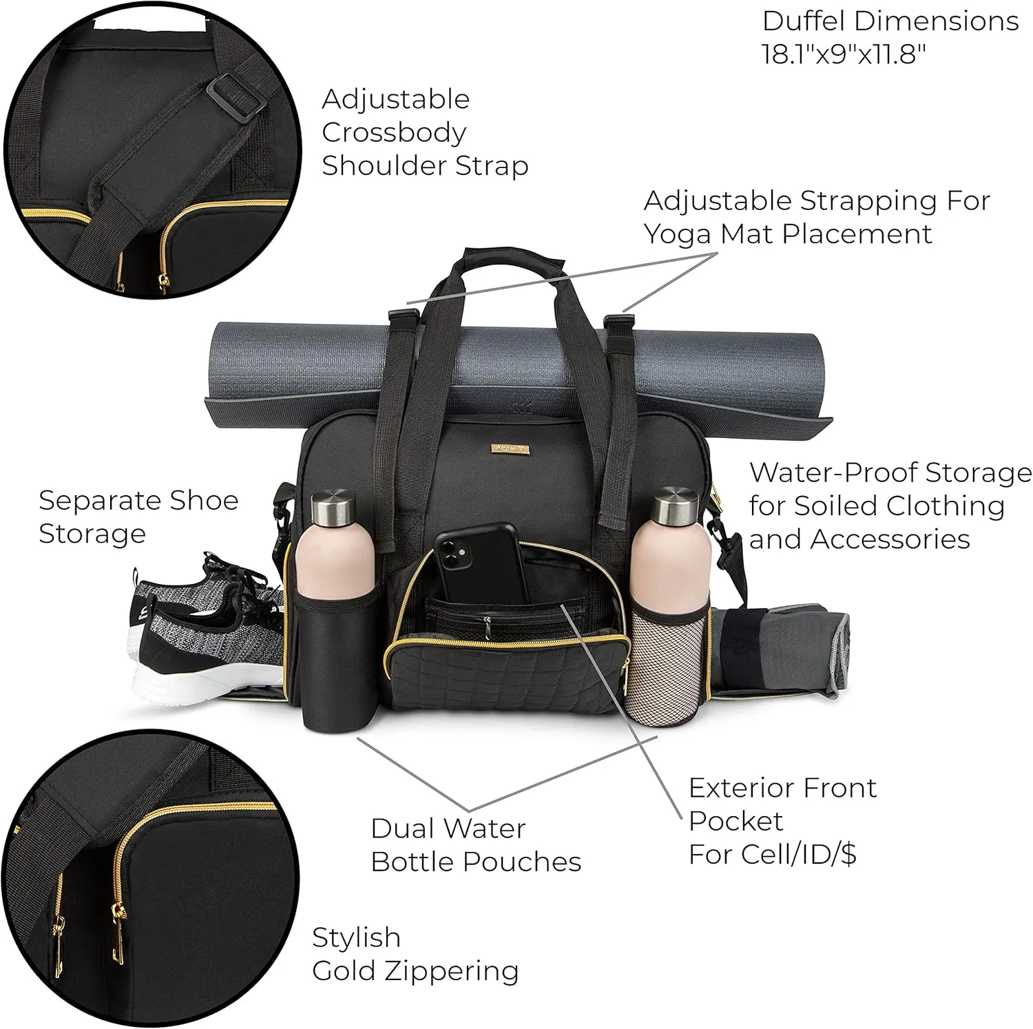 Women Exercise Fitness Gym Travel & Weekender Duffel bag Waterproof Wet Storage Yoga Mat Storage Shoe Storage Carry On Luggage (Black, Non-Quilted Outer)