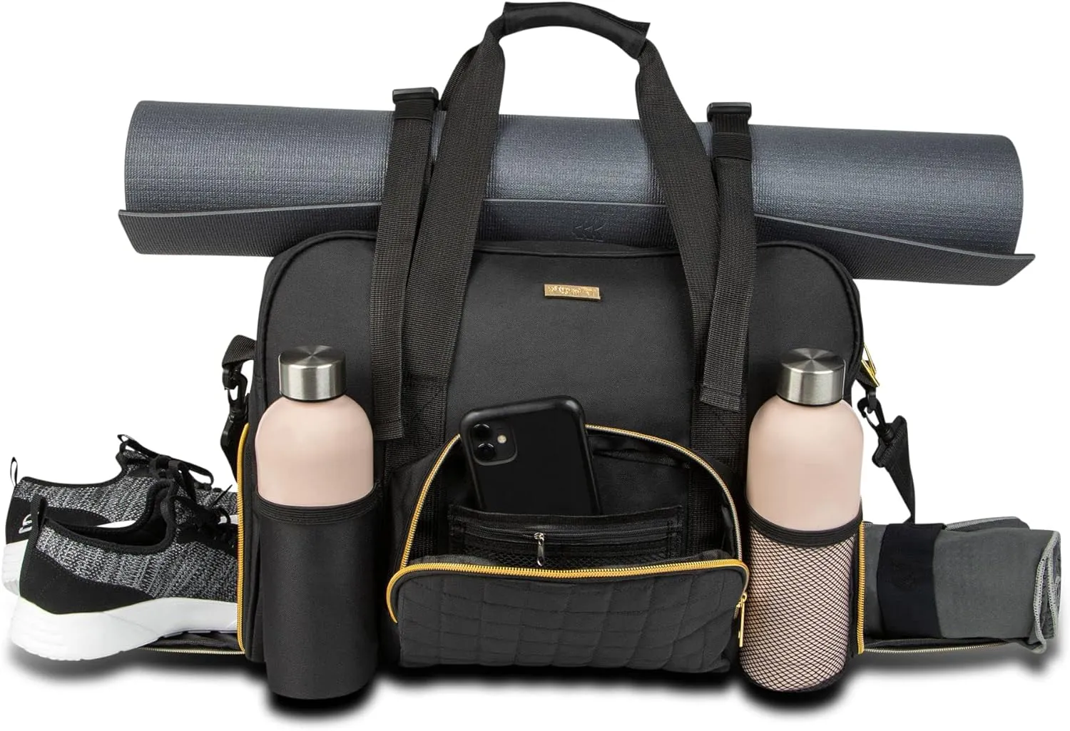Women Exercise Fitness Gym Travel & Weekender Duffel bag Waterproof Wet Storage Yoga Mat Storage Shoe Storage Carry On Luggage (Black, Non-Quilted Outer)