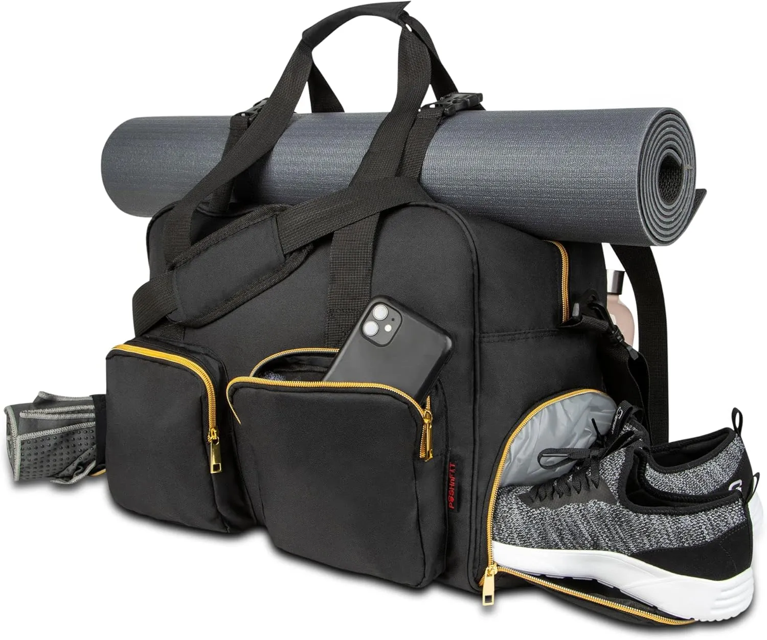 Women Exercise Fitness Gym Travel & Weekender Duffel bag Waterproof Wet Storage Yoga Mat Storage Shoe Storage Carry On Luggage (Black, Non-Quilted Outer)