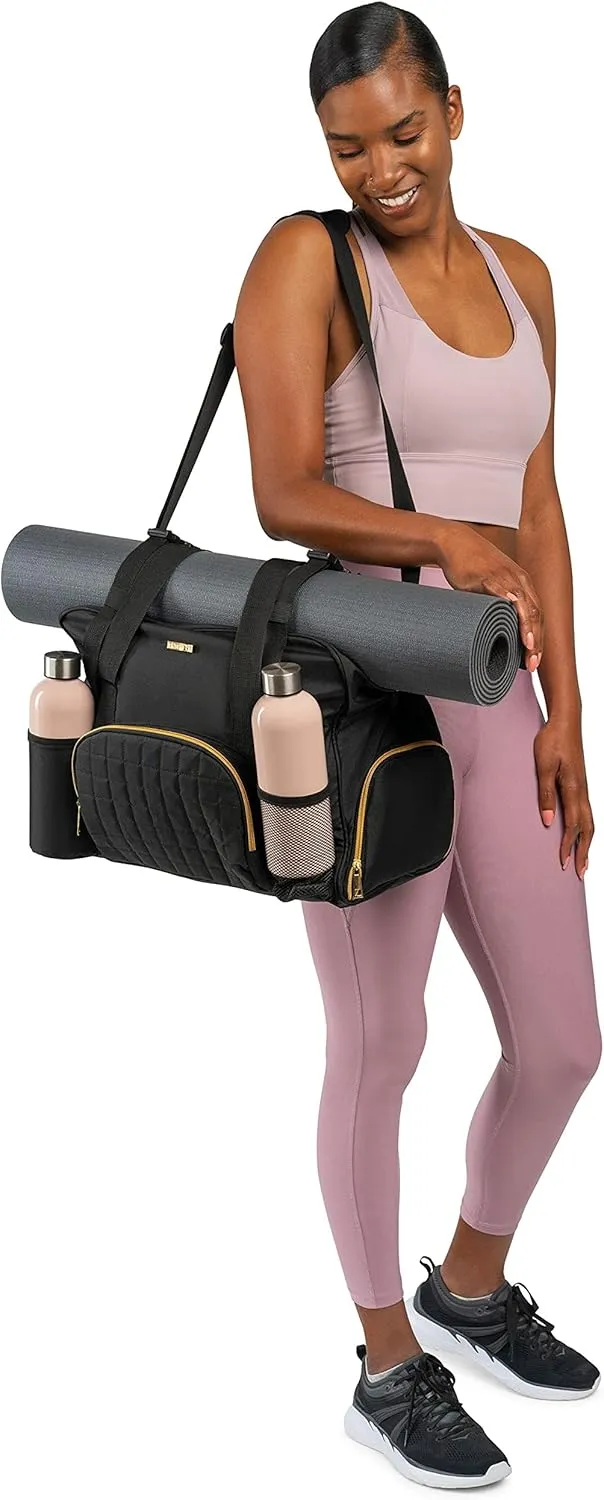 Women Exercise Fitness Gym Travel & Weekender Duffel bag Waterproof Wet Storage Yoga Mat Storage Shoe Storage Carry On Luggage (Black, Non-Quilted Outer)