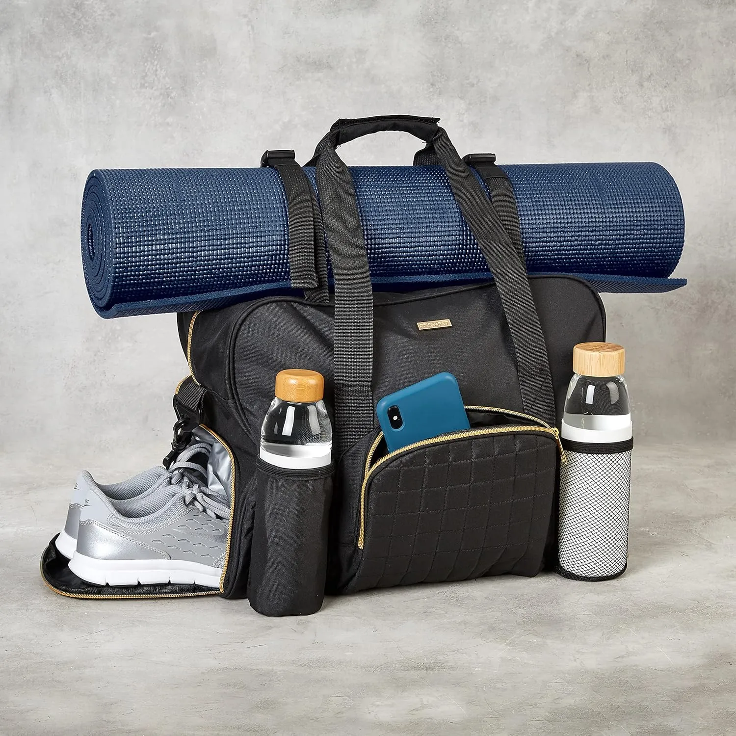 Women Exercise Fitness Gym Travel & Weekender Duffel bag Waterproof Wet Storage Yoga Mat Storage Shoe Storage Carry On Luggage (Black, Non-Quilted Outer)