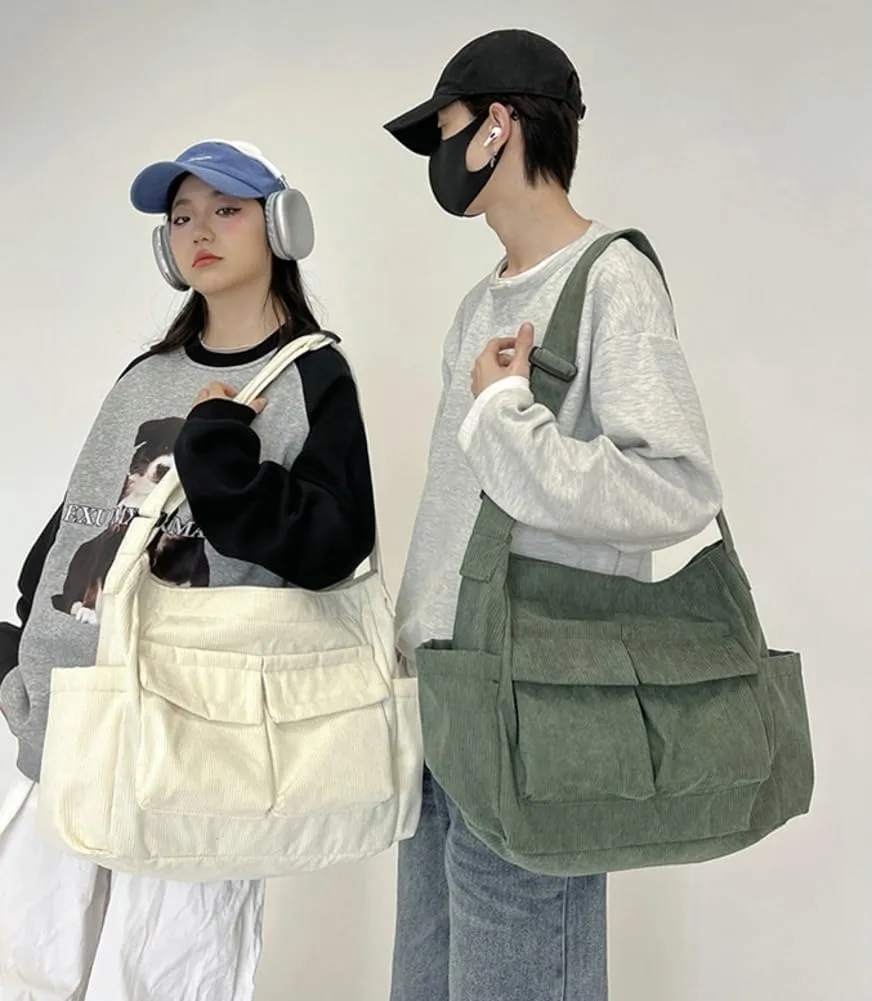 Women Men Crossbody Shoulder Bag Large Tote Bag with Multiple Pockets Canvas Messenger Tote Bag for Women and Men