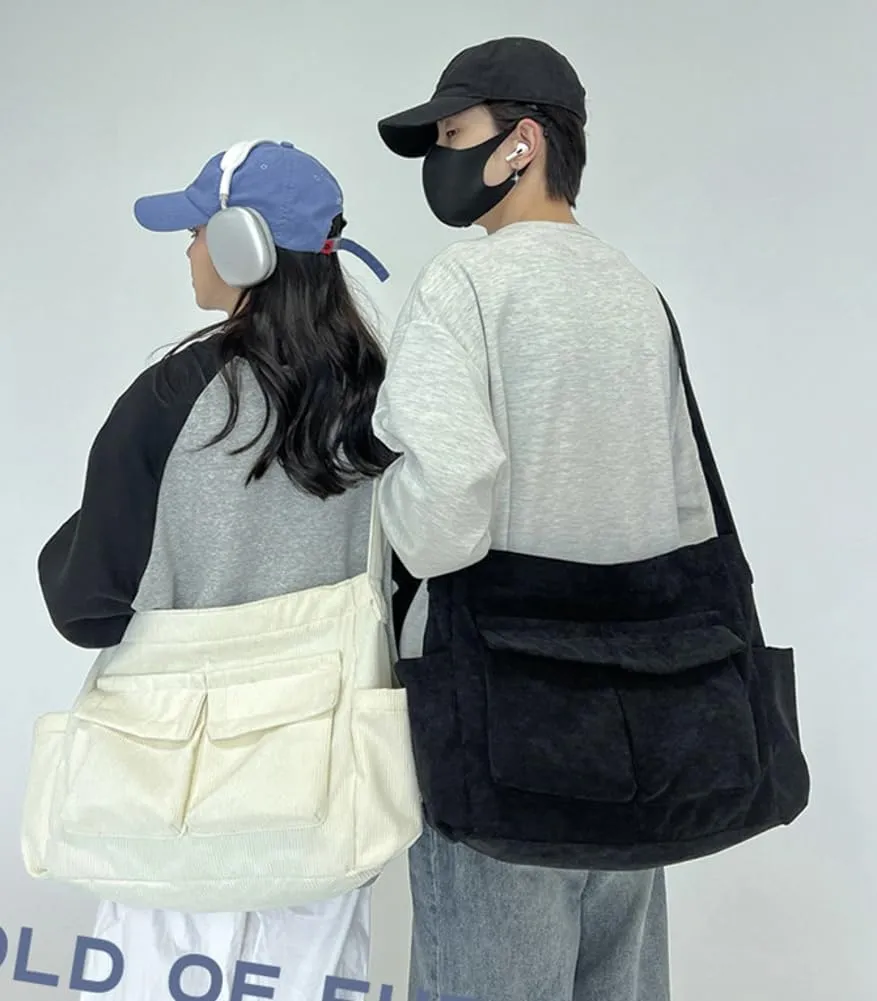 Women Men Crossbody Shoulder Bag Large Tote Bag with Multiple Pockets Canvas Messenger Tote Bag for Women and Men
