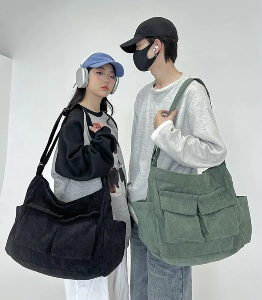 Women Men Crossbody Shoulder Bag Large Tote Bag with Multiple Pockets Canvas Messenger Tote Bag for Women and Men