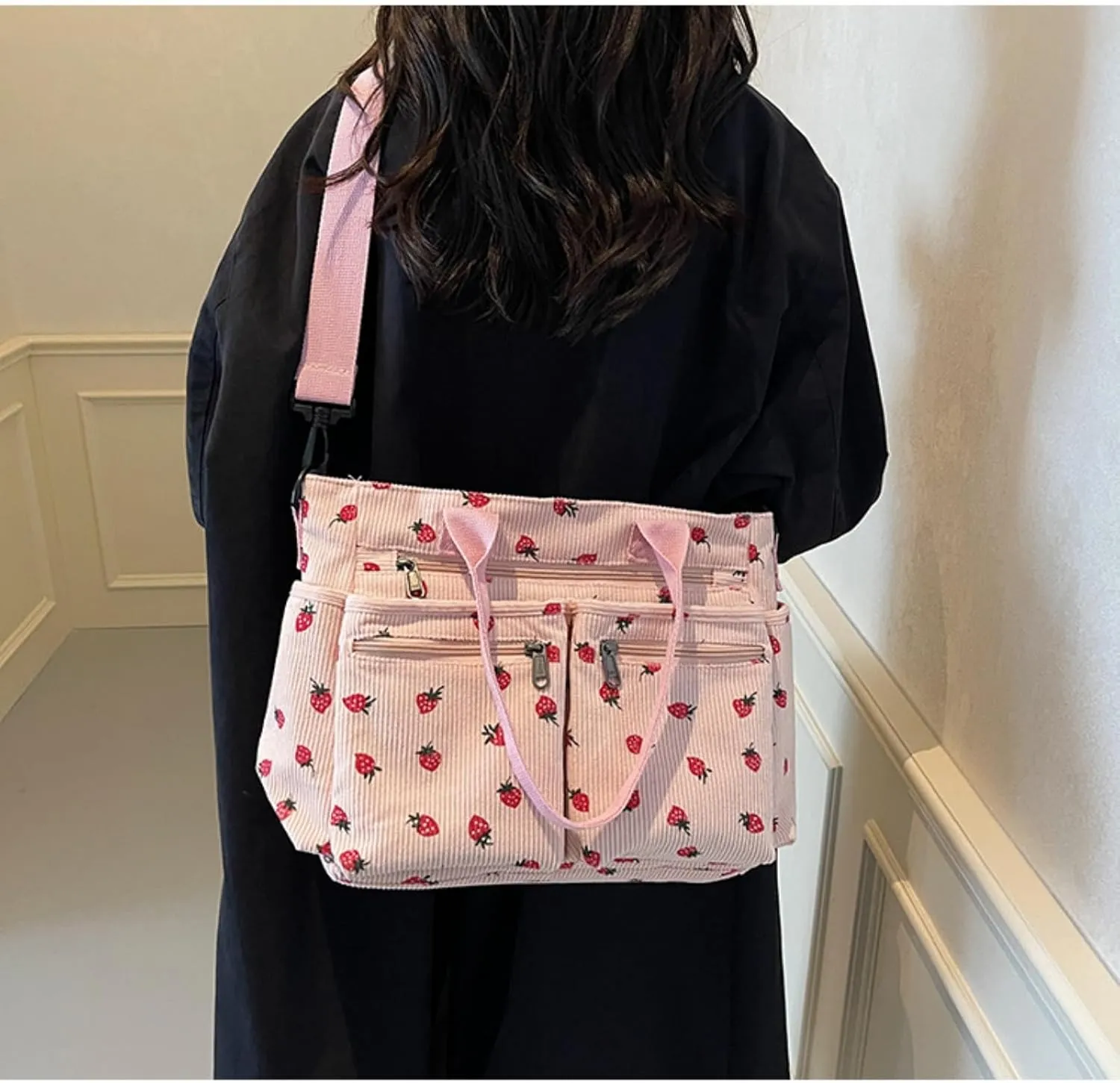 Women Strawberry Bags, Corduroy Everyday Tote Bag Kawaii Shoulder Purse Handbag Crossbody Work Bag