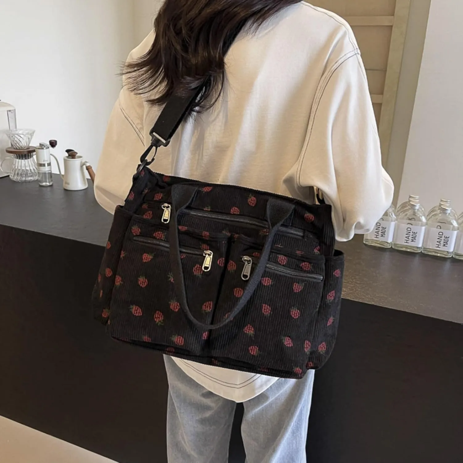 Women Strawberry Bags, Corduroy Everyday Tote Bag Kawaii Shoulder Purse Handbag Crossbody Work Bag