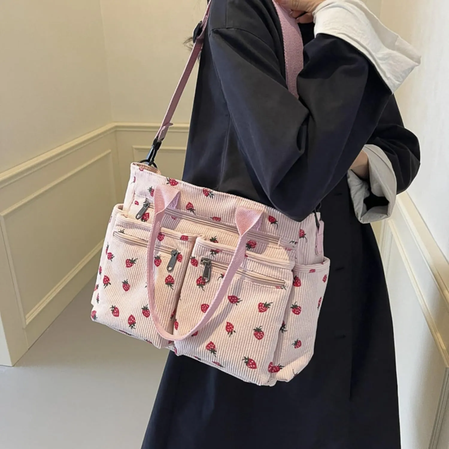 Women Strawberry Bags, Corduroy Everyday Tote Bag Kawaii Shoulder Purse Handbag Crossbody Work Bag