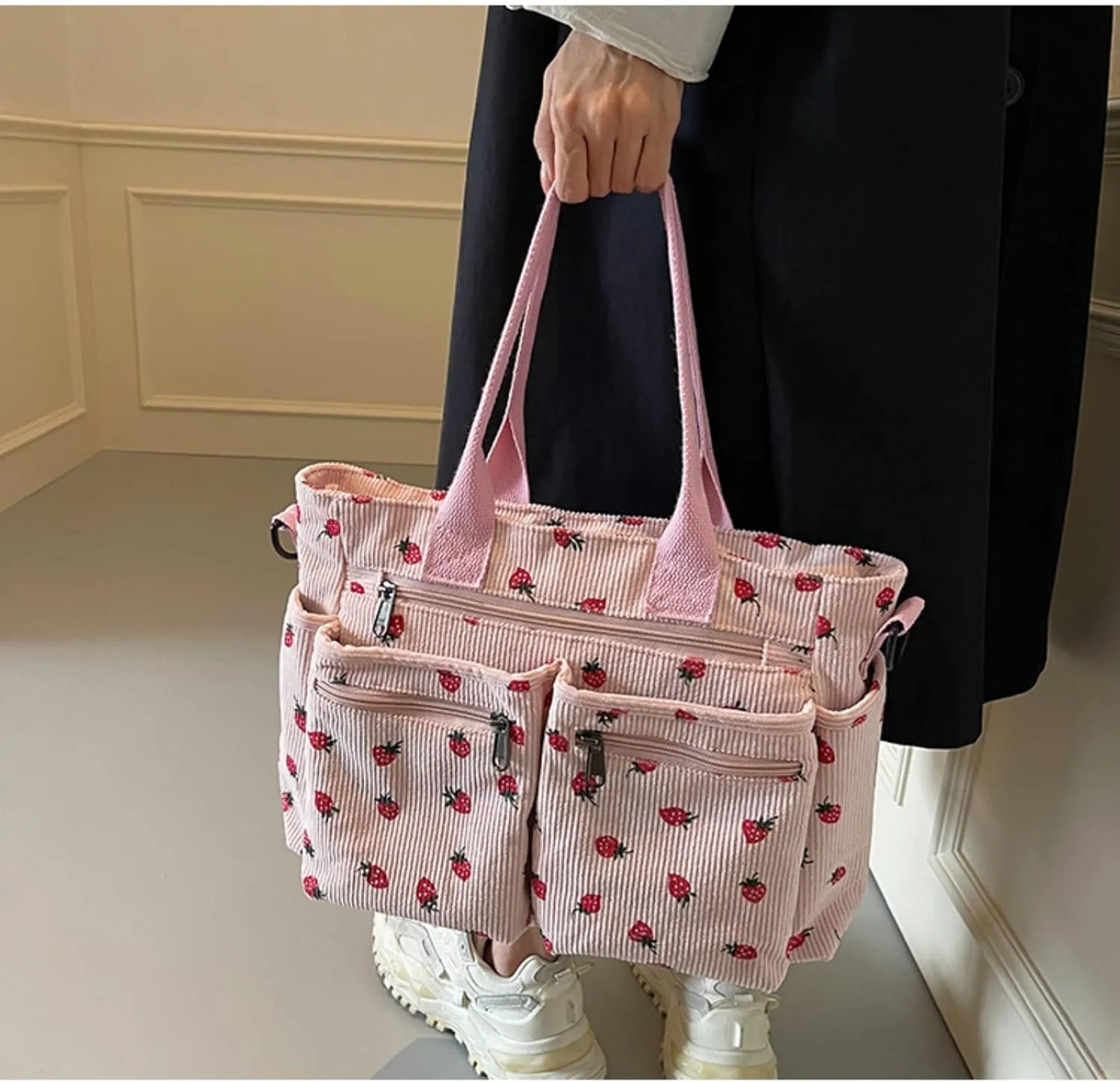 Women Strawberry Bags, Corduroy Everyday Tote Bag Kawaii Shoulder Purse Handbag Crossbody Work Bag
