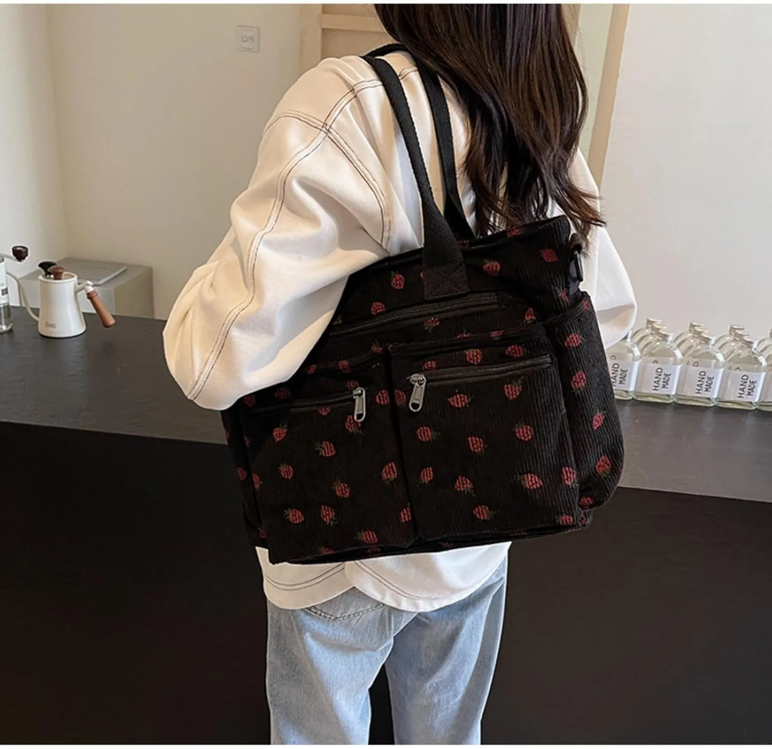Women Strawberry Bags, Corduroy Everyday Tote Bag Kawaii Shoulder Purse Handbag Crossbody Work Bag