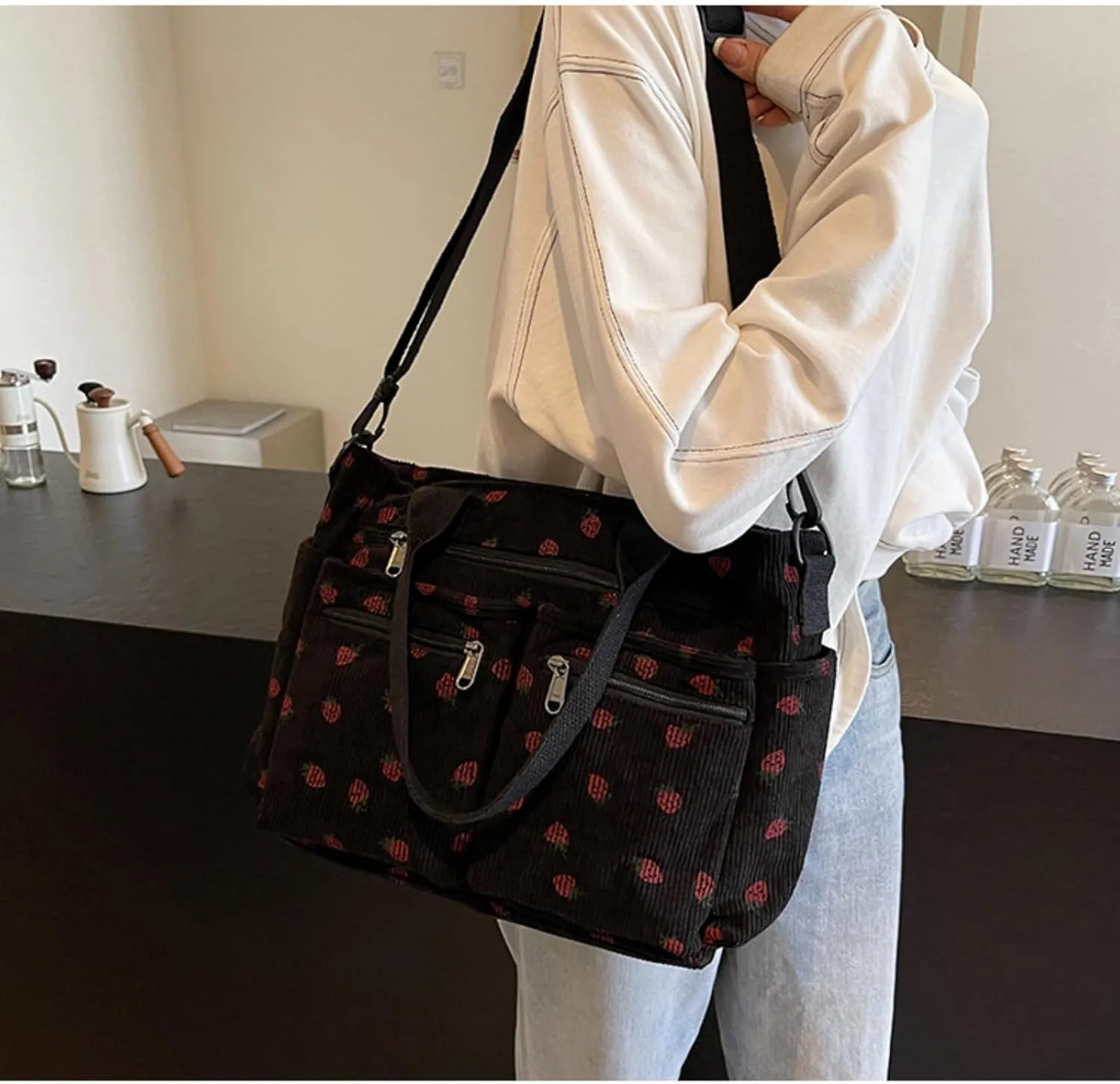 Women Strawberry Bags, Corduroy Everyday Tote Bag Kawaii Shoulder Purse Handbag Crossbody Work Bag