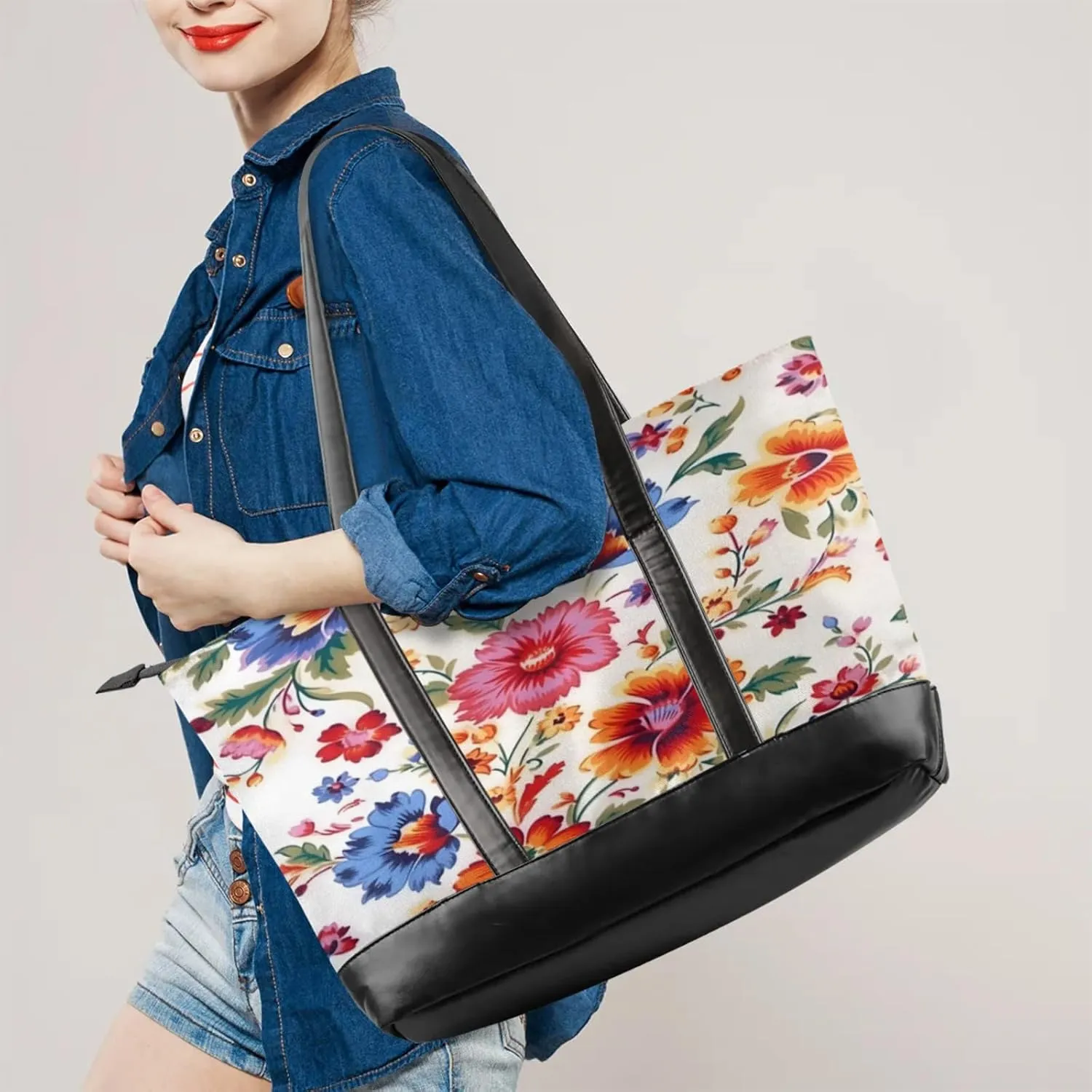 Women Tote Bag with Zipper, Shopper Handbag Travel Purse, PU Leather Laptop Tote Bags, Weekender Tote Bags