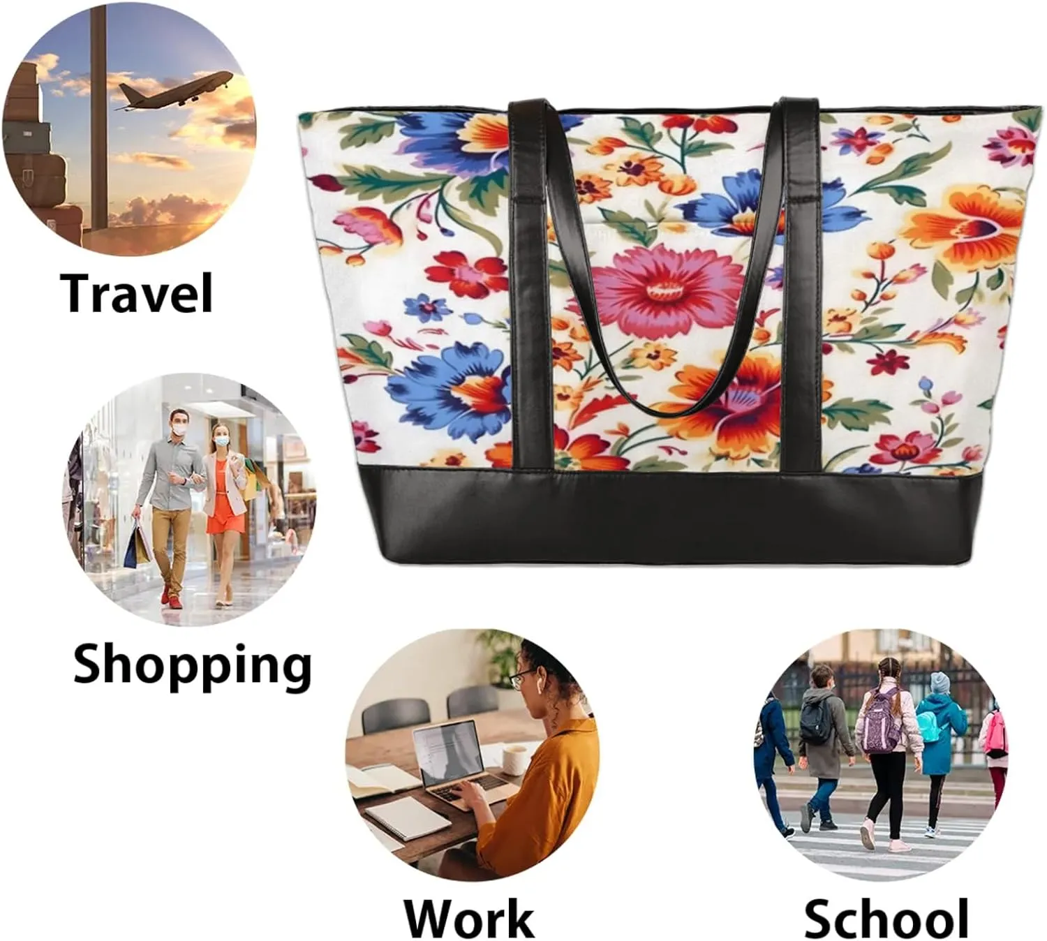 Women Tote Bag with Zipper, Shopper Handbag Travel Purse, PU Leather Laptop Tote Bags, Weekender Tote Bags
