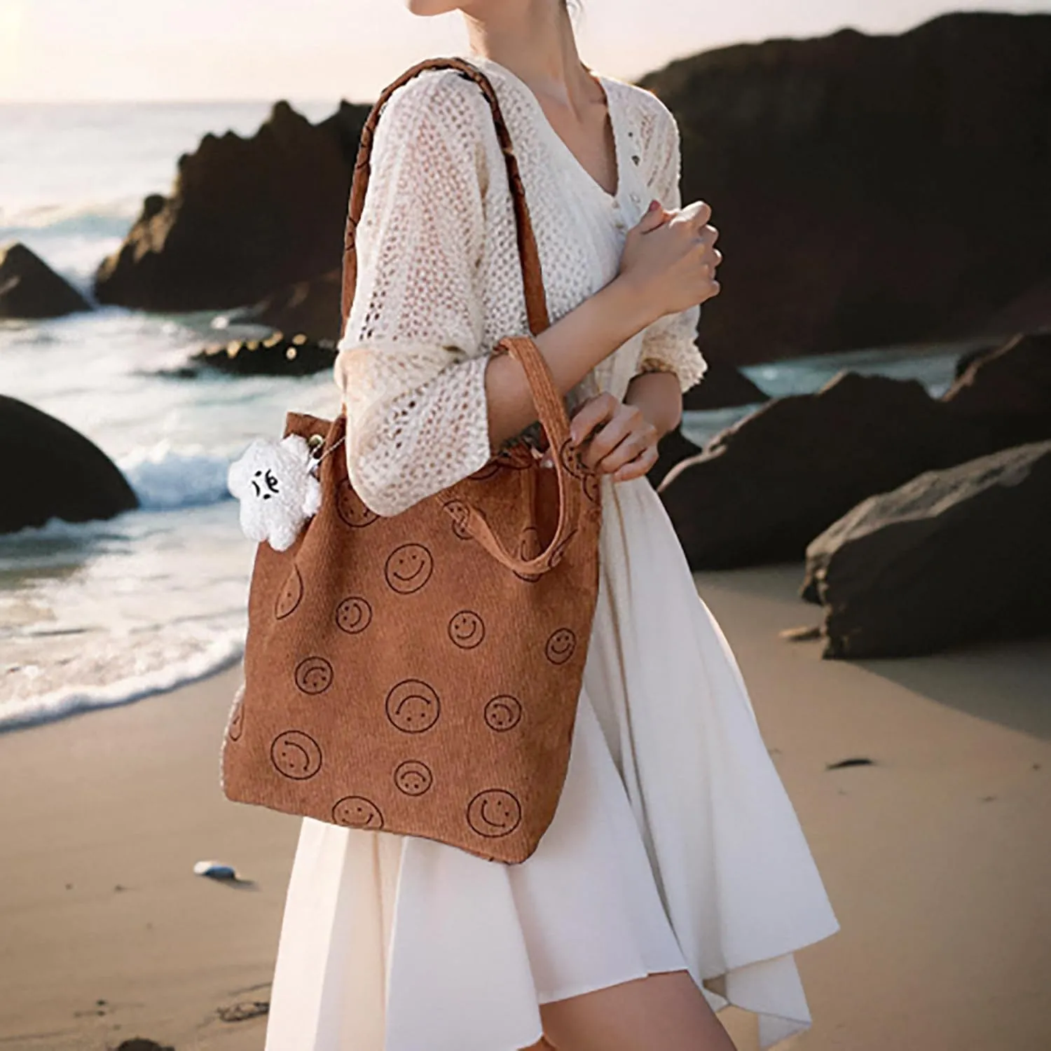 Women Tote Bags Grocery Shoulder Bag Corduroy with Inner Pocket for Work Beach Lunch Travel Shopping Shopper Handbags