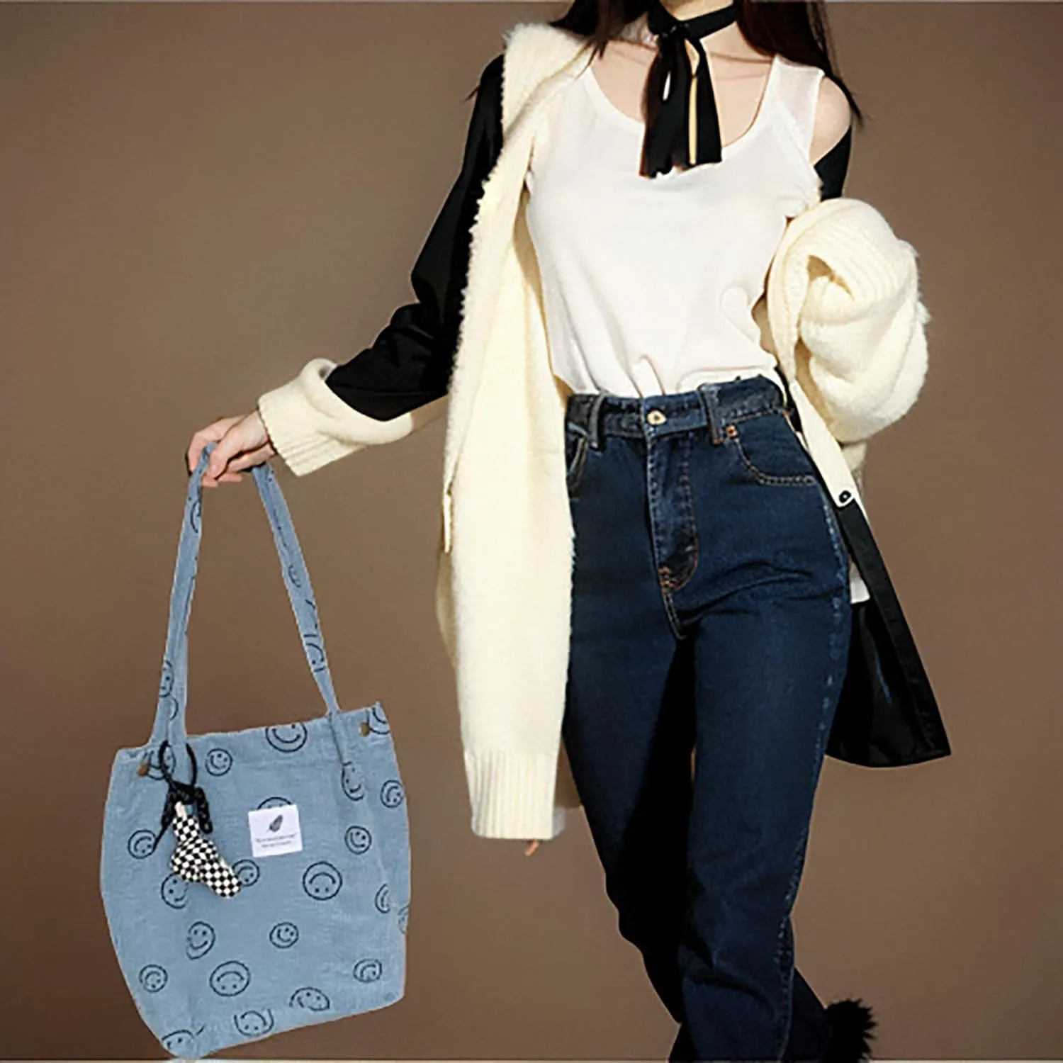 Women Tote Bags Grocery Shoulder Bag Corduroy with Inner Pocket for Work Beach Lunch Travel Shopping Shopper Handbags