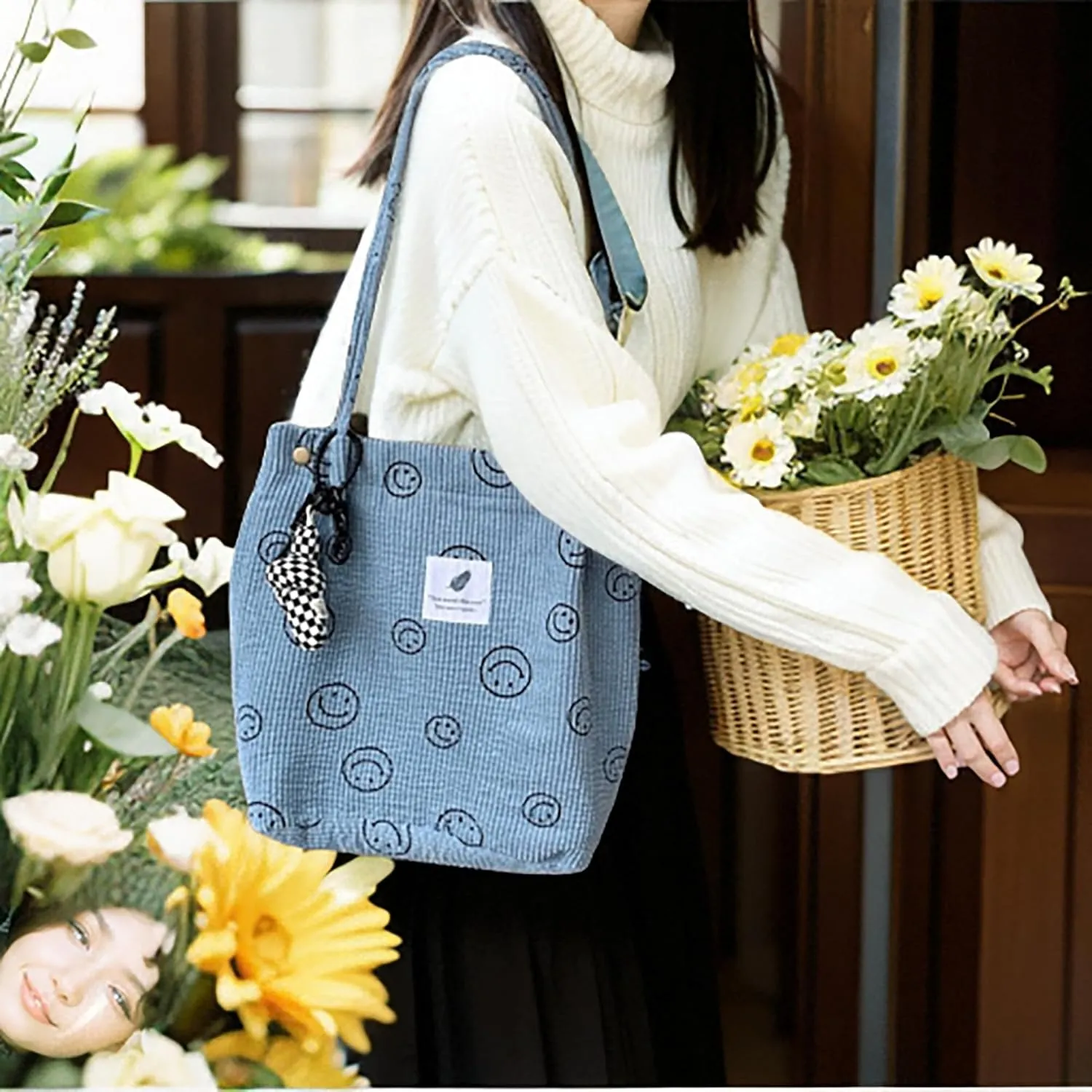 Women Tote Bags Grocery Shoulder Bag Corduroy with Inner Pocket for Work Beach Lunch Travel Shopping Shopper Handbags