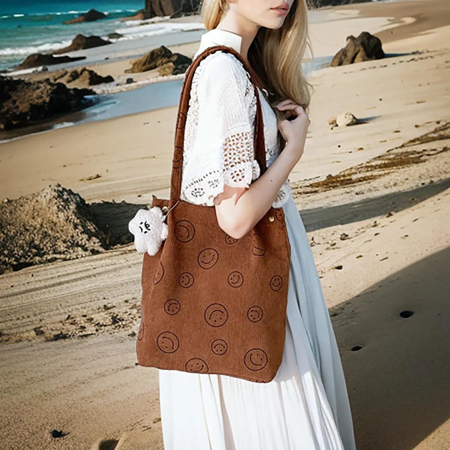 Women Tote Bags Grocery Shoulder Bag Corduroy with Inner Pocket for Work Beach Lunch Travel Shopping Shopper Handbags