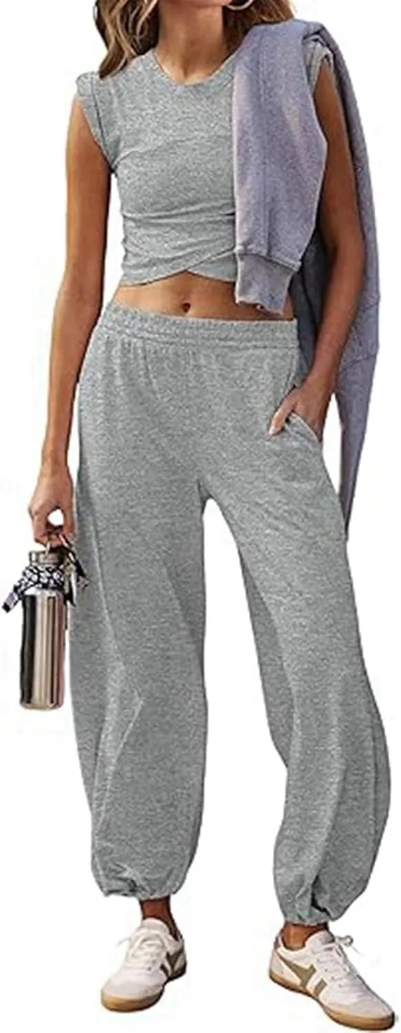Women's 2 Piece Outfits Cap Sleeve Crissover Crop Top and Jogger Pants Sets Summer Workout Gym Sweatsuits Hip Hop Streetwear