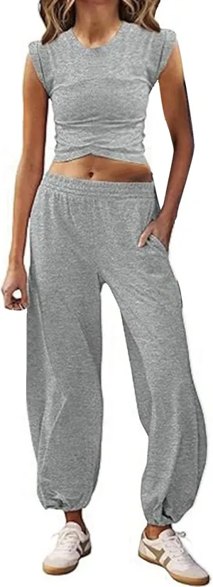 Women's 2 Piece Outfits Cap Sleeve Crissover Crop Top and Jogger Pants Sets Summer Workout Gym Sweatsuits Hip Hop Streetwear
