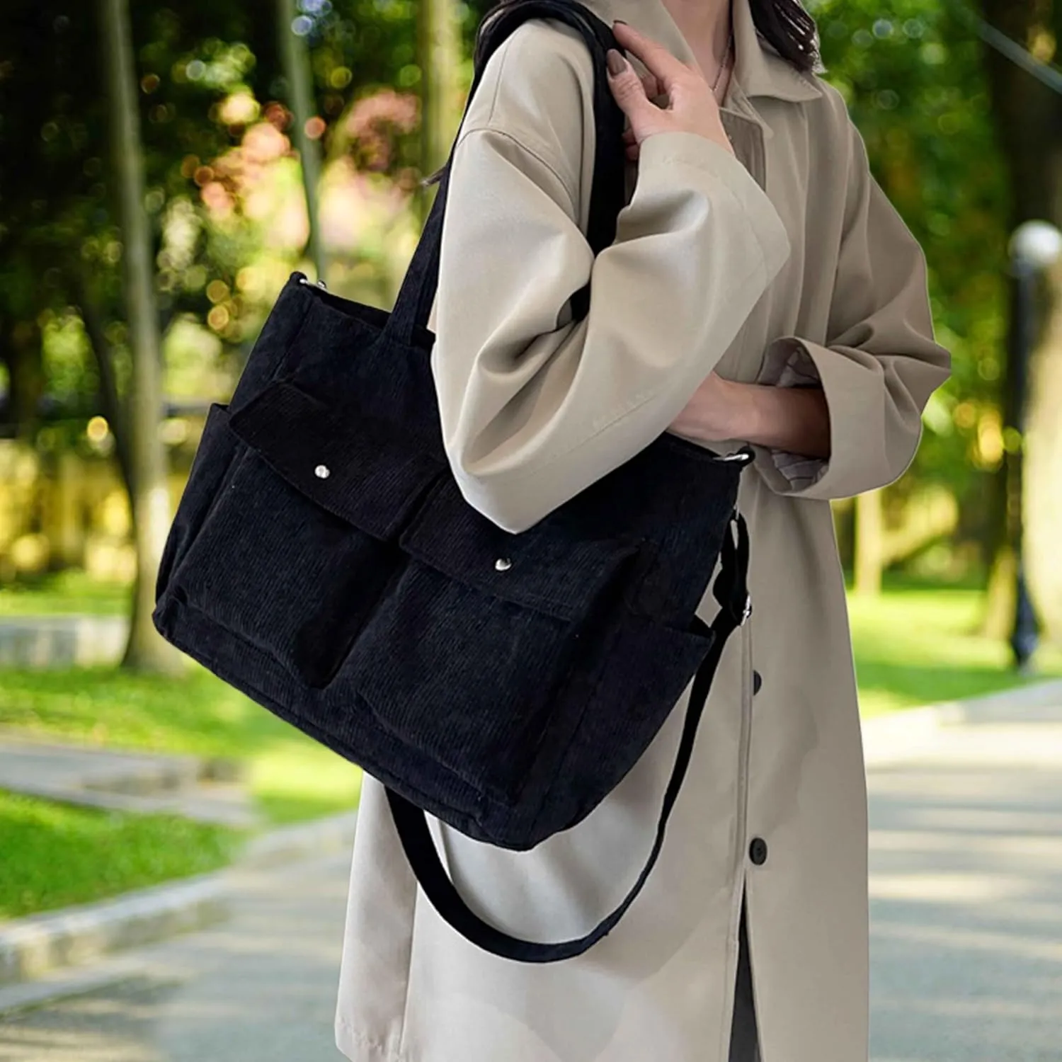 Women’s Corduroy Tote Bag Messenger Bag, Large Crossbody Purse,Shoulder Handbag for Work, School, Shopping & Travel