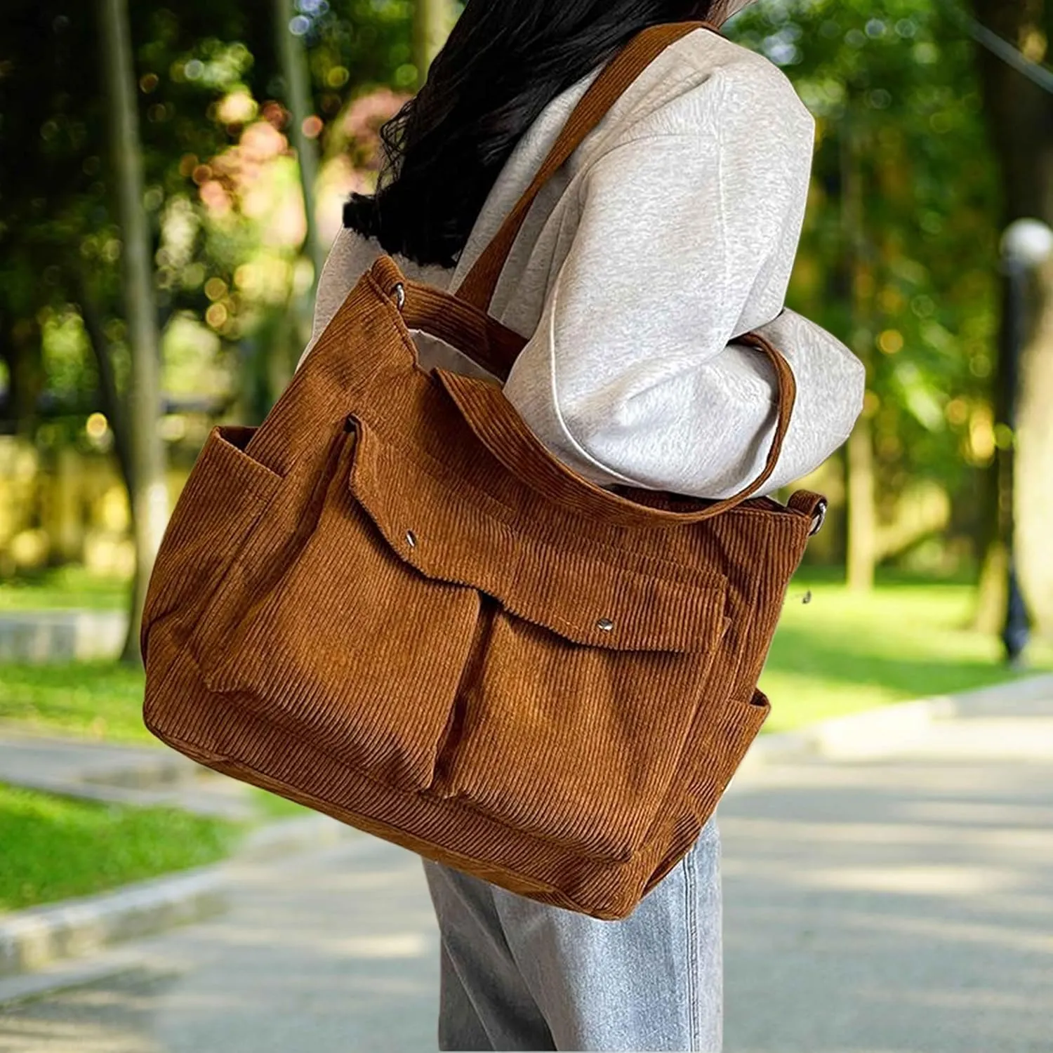 Women’s Corduroy Tote Bag Messenger Bag, Large Crossbody Purse,Shoulder Handbag for Work, School, Shopping & Travel