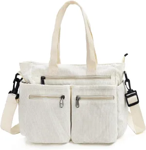 Womens Cute Corduroy Tote Bags with Multiple Pockets Travel Shoulder Bags Hobo Crossbody Bag Purse Handbag