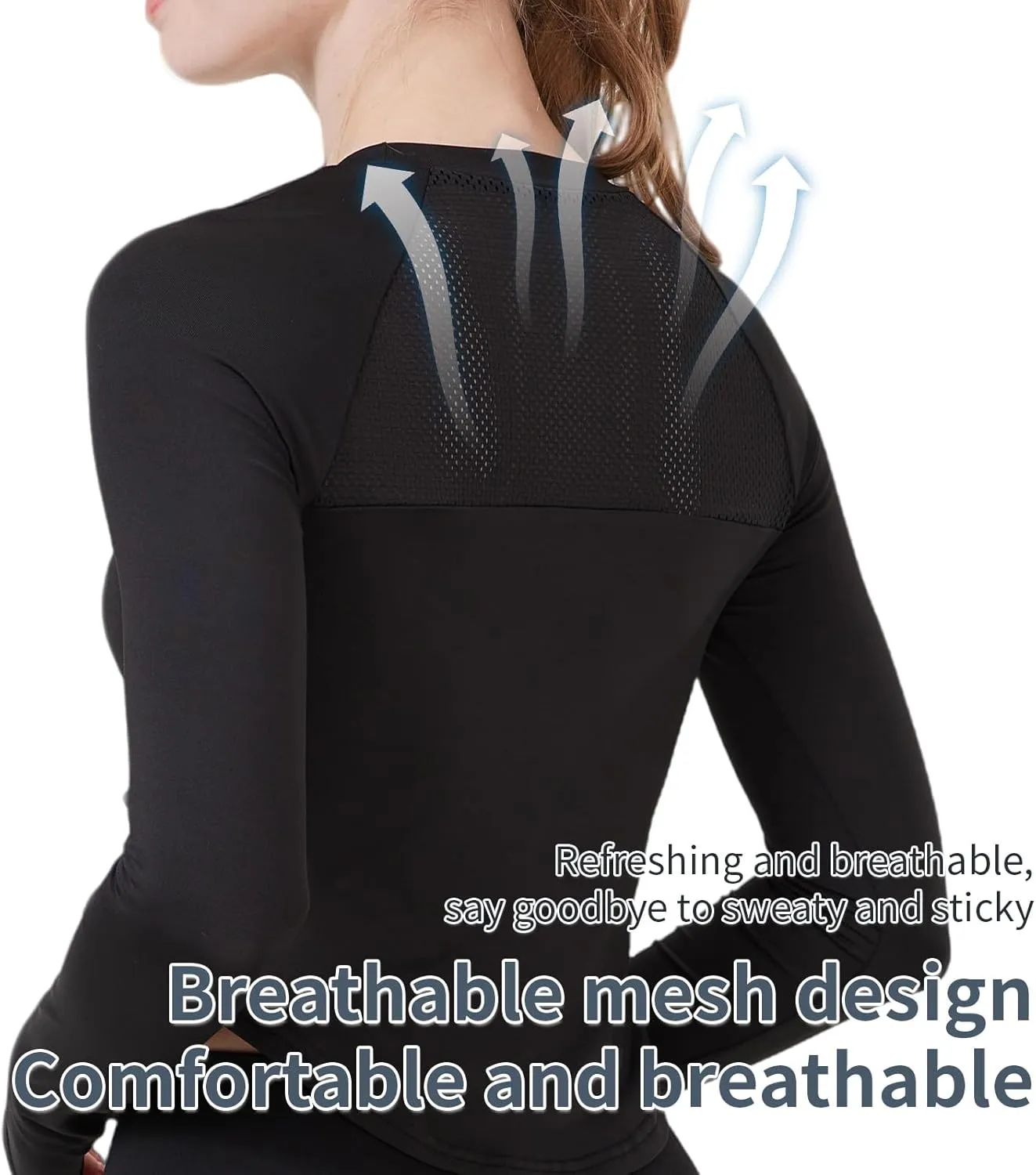 Women's Long Sleeve T-Shirts Crew Neck Crop Workout Tops with Patchwork Mesh for Gym Athletic Yoga Running
