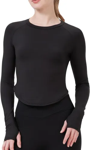 Women's Long Sleeve T-Shirts Crew Neck Crop Workout Tops with Patchwork Mesh for Gym Athletic Yoga Running