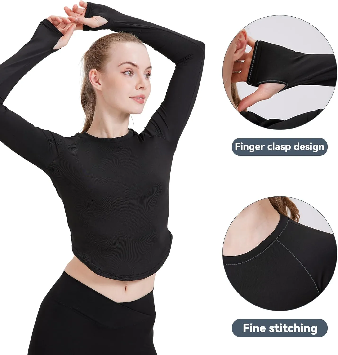 Women's Long Sleeve T-Shirts Crew Neck Crop Workout Tops with Patchwork Mesh for Gym Athletic Yoga Running