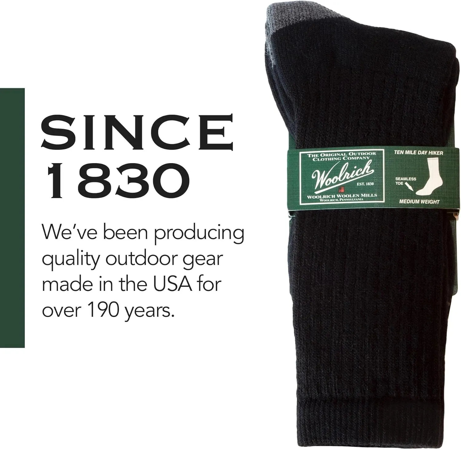 Woolrich Merino Wool Socks for Men - Made in USA, Crew Hiking Sock, Made of 78% Merino Lambswool w/Padded Arch, 2 Pairs