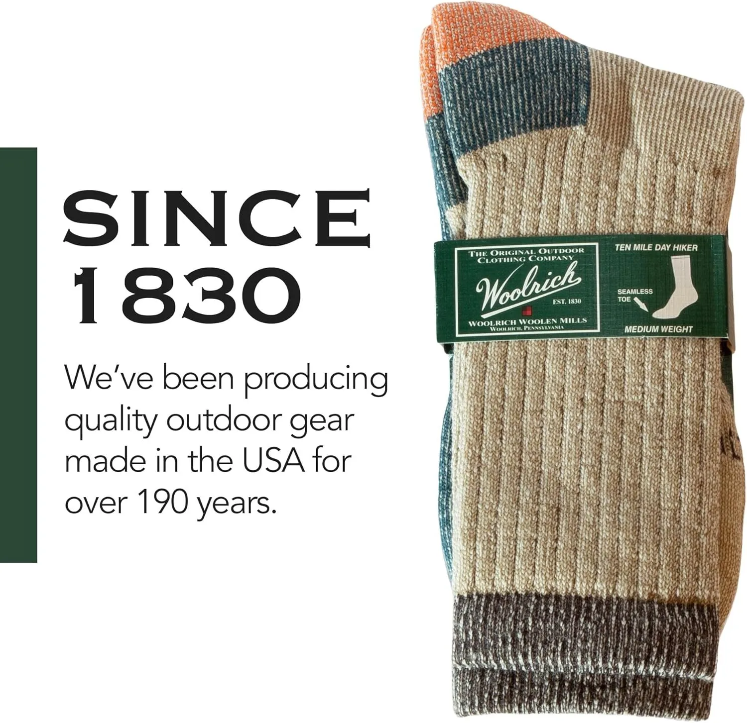 Woolrich Merino Wool Socks for Men - Made in USA, Crew Hiking Sock, Made of 78% Merino Lambswool w/Padded Arch, 2 Pairs