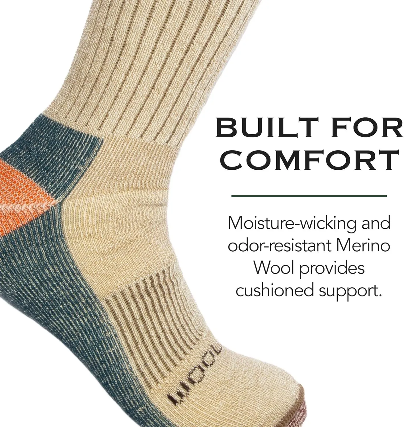 Woolrich Merino Wool Socks for Men - Made in USA, Crew Hiking Sock, Made of 78% Merino Lambswool w/Padded Arch, 2 Pairs