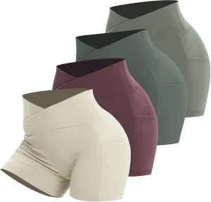 Workout Shorts for Women 2 Pcs Pack Cross Waist Active Gym Spandex Stretchy Yoga Compression with Side Pockets