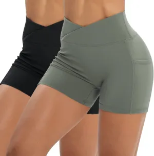 Workout Shorts for Women 2 Pcs Pack Cross Waist Active Gym Spandex Stretchy Yoga Compression with Side Pockets