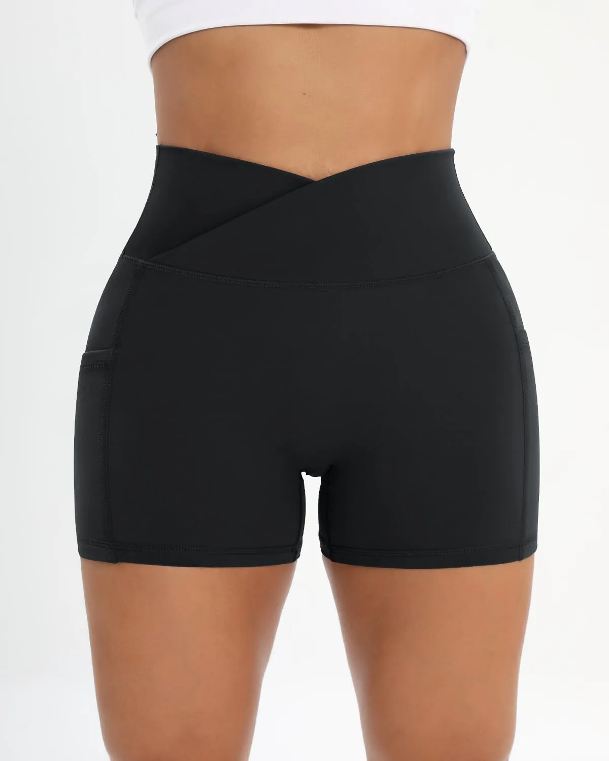 Workout Shorts for Women 2 Pcs Pack Cross Waist Active Gym Spandex Stretchy Yoga Compression with Side Pockets