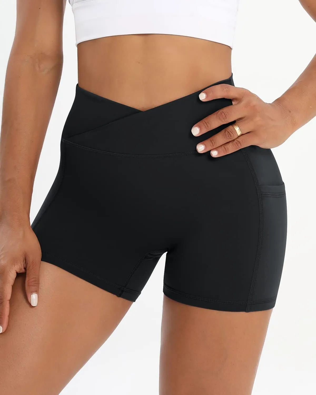 Workout Shorts for Women 2 Pcs Pack Cross Waist Active Gym Spandex Stretchy Yoga Compression with Side Pockets