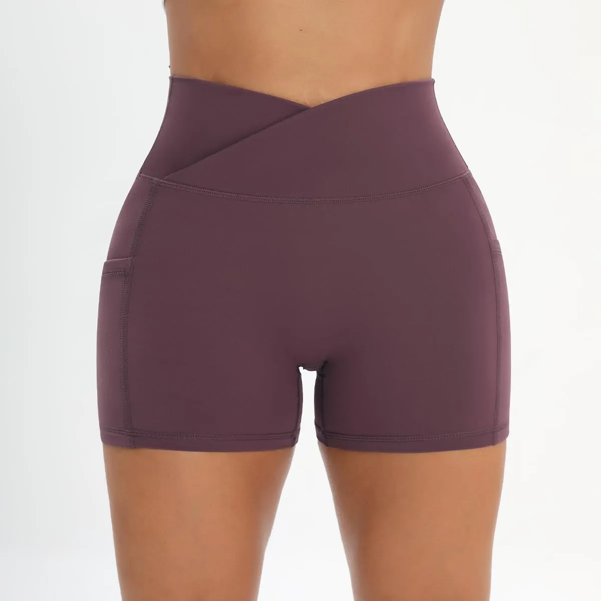 Workout Shorts for Women 2 Pcs Pack Cross Waist Active Gym Spandex Stretchy Yoga Compression with Side Pockets