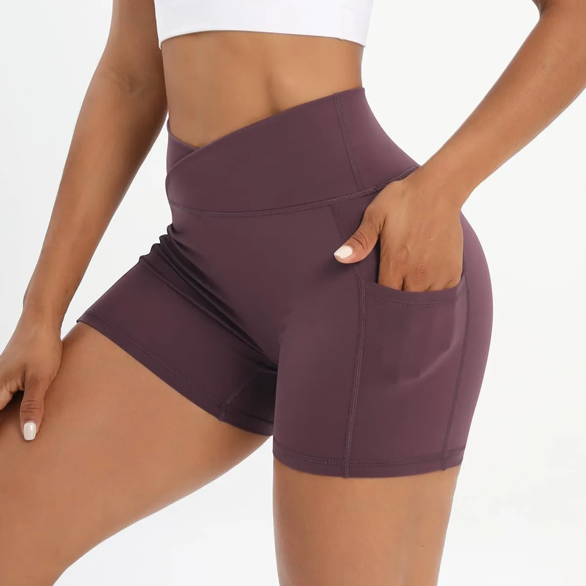 Workout Shorts for Women 2 Pcs Pack Cross Waist Active Gym Spandex Stretchy Yoga Compression with Side Pockets