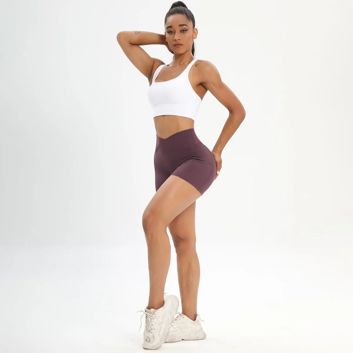 Workout Shorts for Women 2 Pcs Pack Cross Waist Active Gym Spandex Stretchy Yoga Compression with Side Pockets