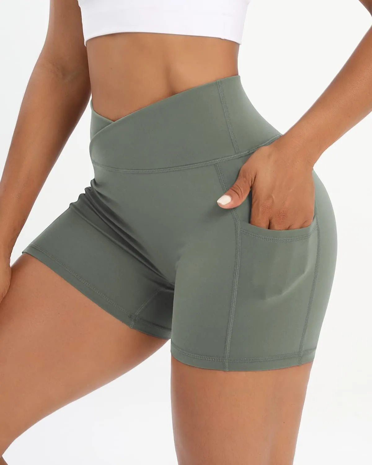 Workout Shorts for Women 2 Pcs Pack Cross Waist Active Gym Spandex Stretchy Yoga Compression with Side Pockets
