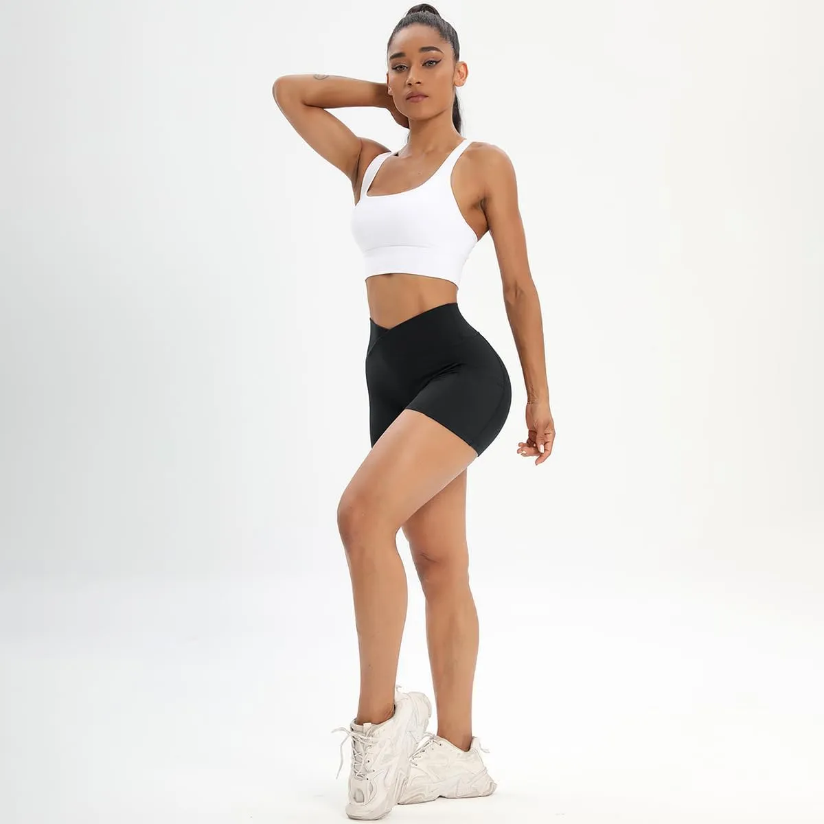 Workout Shorts for Women 2 Pcs Pack Cross Waist Active Gym Spandex Stretchy Yoga Compression with Side Pockets