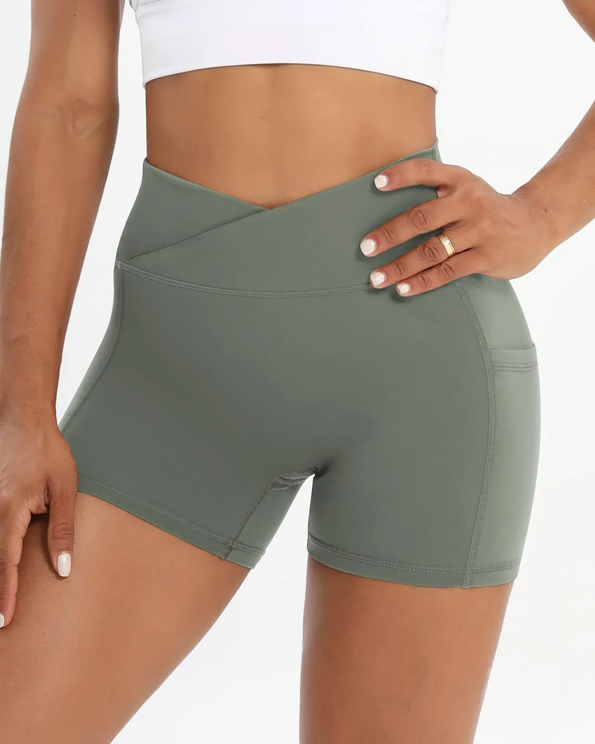 Workout Shorts for Women 2 Pcs Pack Cross Waist Active Gym Spandex Stretchy Yoga Compression with Side Pockets