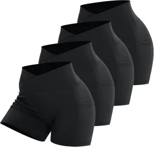 Workout Shorts for Women 2 Pcs Pack Cross Waist Active Gym Spandex Stretchy Yoga Compression with Side Pockets