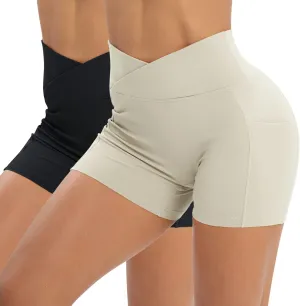 Workout Shorts for Women 2 Pcs Pack Cross Waist Active Gym Spandex Stretchy Yoga Compression with Side Pockets